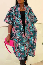 Blue Casual Print Patchwork Cardigan Collar Tops
