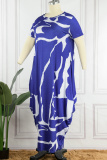 Blue Casual Print Basic O Neck Short Sleeve Dress Plus Size Dresses