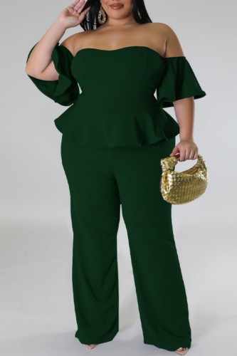 Ink Green Sexy Casual Solid Backless Off the Shoulder Plus Size Jumpsuits