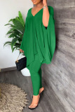 Green Casual Solid Patchwork V Neck Long Sleeve Two Pieces