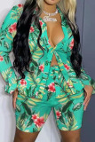 Green Casual Street Print Patchwork Buckle Turndown Collar Plus Size Two Pieces