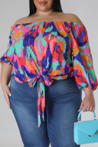 Red Casual Print Bandage Patchwork Off the Shoulder Plus Size Tops