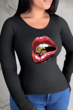 Grey Street Lips Printed Patchwork O Neck Tops