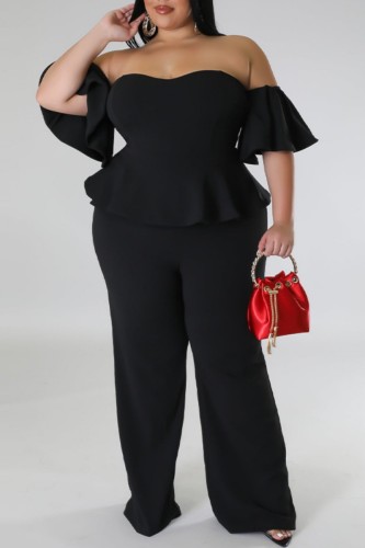 Black Sexy Casual Solid Backless Off the Shoulder Plus Size Jumpsuits