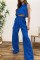 Blue Casual Solid Patchwork O Neck Sleeveless Two Pieces