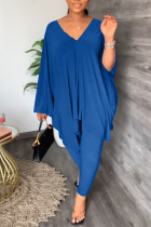 Blue Casual Solid Patchwork V Neck Long Sleeve Two Pieces