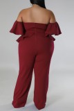 Burgundy Sexy Casual Solid Backless Off the Shoulder Plus Size Jumpsuits