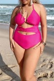 Rose Red Sexy Solid Hollowed Out Backless Spaghetti Strap Plus Size Swimwear (With Paddings)