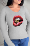 Navy Blue Street Lips Printed Patchwork O Neck Tops