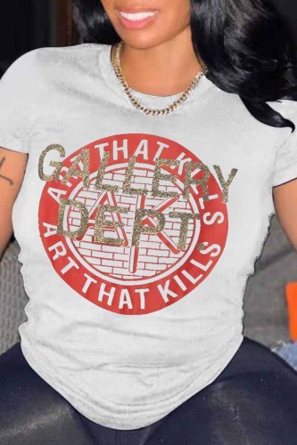 White Casual Print Letter O Neck T-Shirts