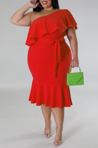 Red Casual Solid Patchwork Backless Oblique Collar Plus Size Dresses
