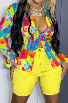 Yellow Casual Street Print Patchwork Buckle Turndown Collar Plus Size Two Pieces