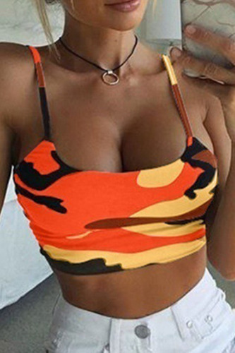Orange Sexy Street Print Patchwork Spaghetti Strap Tops