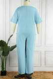 Baby Blue Casual Solid Basic V Neck Plus Size Jumpsuits (Without Belt)