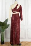 Burgundy Sexy Formal Solid Sequins Patchwork Backless Slit Oblique Collar Evening Dress Dresses