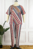 Multicolor Casual Print Basic O Neck Plus Size Two Pieces