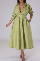 Green Yellow Casual Solid Patchwork Buckle Turndown Collar Shirt Dress Dresses