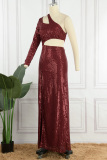 Burgundy Sexy Formal Solid Sequins Patchwork Backless Slit Oblique Collar Evening Dress Dresses