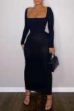 Black Casual Solid Patchwork U Neck Straight Dresses