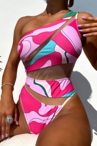 Rose Red Sexy Print Patchwork See-through Backless Swimwears (With Paddings)