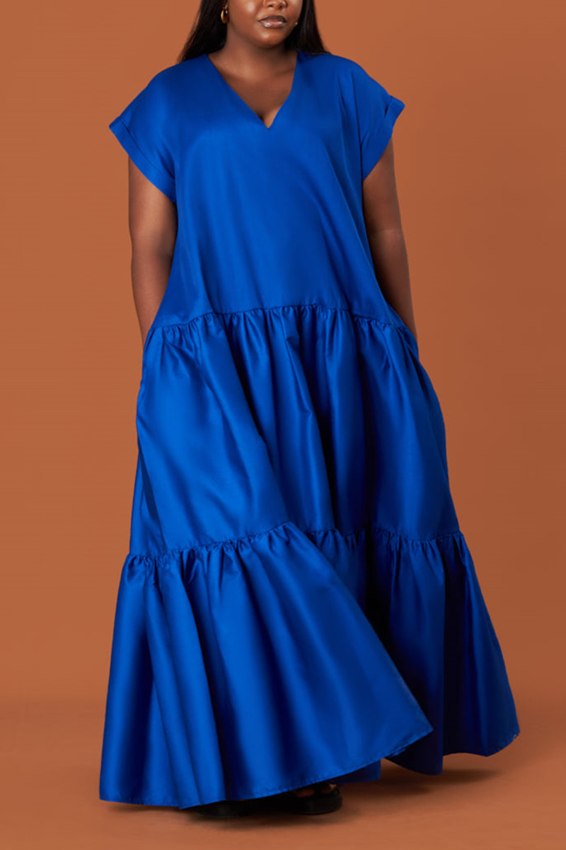 Wholesale Orange Casual Solid Patchwork Fold V Neck Long Dress Dresses ...