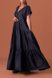 Black Casual Solid Patchwork Fold V Neck Long Dress Dresses