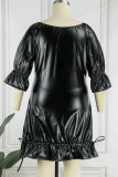 Black Casual Solid Basic O Neck Long Sleeve Plus Size Dresses