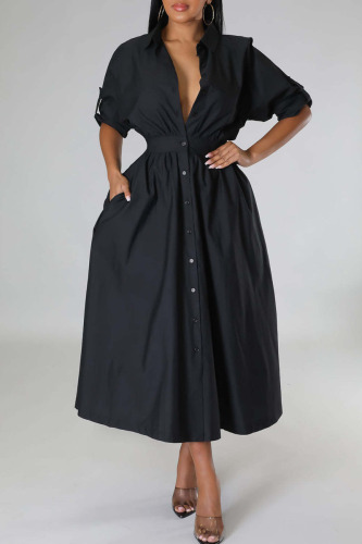 Black Casual Solid Patchwork Buckle Turndown Collar Shirt Dress Dresses