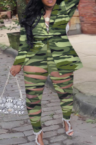 Plus Size Army Green Casual Street Print Hollowed Out Patchwork Buttons Turn-back Collar Two Pieces