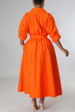 Tangerine Red Casual Solid Patchwork Buckle Turndown Collar Shirt Dress Dresses