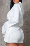 White Casual Solid Slit With Belt V Neck Long Sleeve Dresses