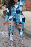 Plus Size The cowboy blue Casual Street Print Hollowed Out Patchwork Buttons Turn-back Collar Two Pieces