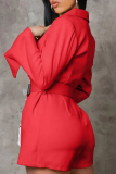 Red Casual Solid Slit With Belt V Neck Long Sleeve Dresses