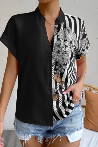 Black Casual Print Patchwork V Neck Tops