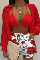 Red Sexy Casual Print Solid Basic Long Sleeve Three Piece Set