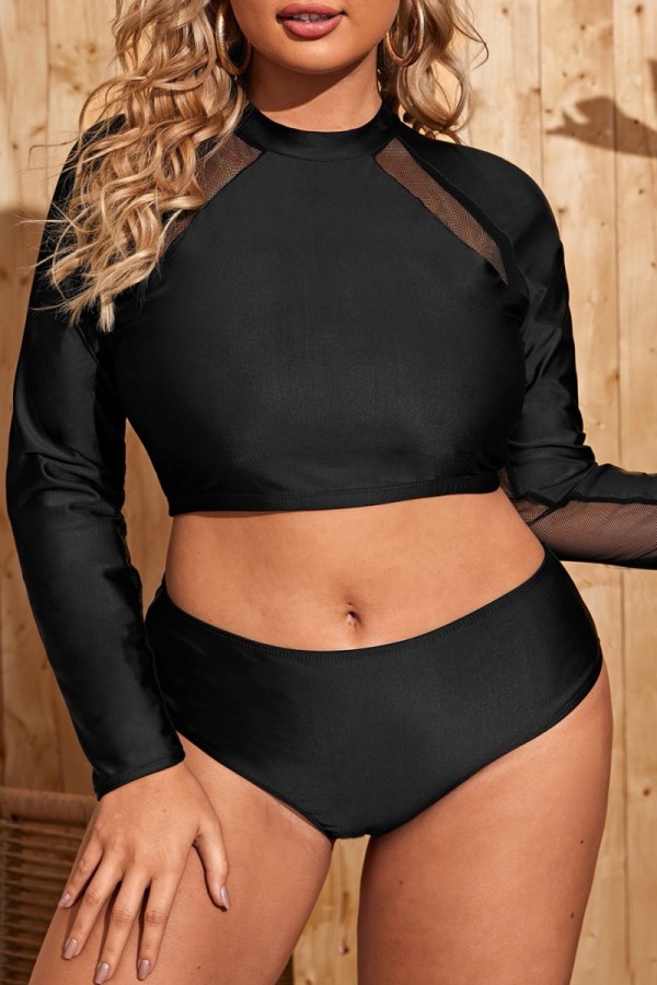 Black Sexy Solid Patchwork O Neck Plus Size Swimwear (With Paddings)