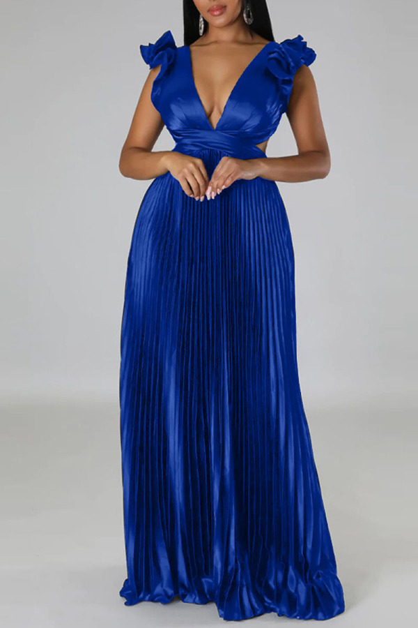 Colorful Blue Sexy Solid Patchwork Backless Fold V Neck Straight Dresses