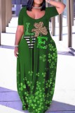 Green Casual Print Basic V Neck Short Sleeve Dress Dresses