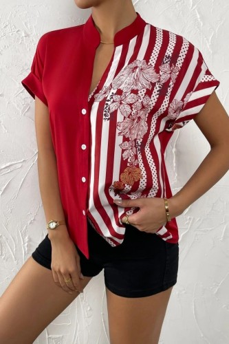 Red Casual Print Patchwork V Neck Tops