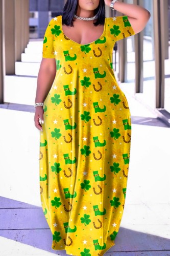 Yellow Sexy Casual Print Backless V Neck Short Sleeve Dress Dresses
