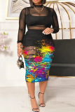 Blue Sexy Print Patchwork See-through O Neck Pencil Skirt Plus Size Three Pieces