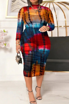 Blue Sexy Print Patchwork See-through O Neck Pencil Skirt Plus Size Three Pieces
