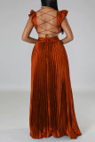 Tangerine Red Sexy Solid Patchwork Backless Fold V Neck Straight Dresses