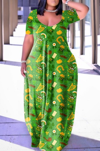 Green Orange Sexy Casual Print Backless V Neck Short Sleeve Dress Dresses