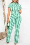 Green Casual Plaid Print Basic Half A Turtleneck Short Sleeve Two Pieces