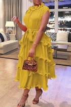 Earth Yellow Casual Solid Patchwork O Neck Short Sleeve Dress Dresses