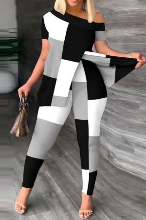 Black And White Casual Print Patchwork Slit Oblique Collar Long Sleeve Two Pieces