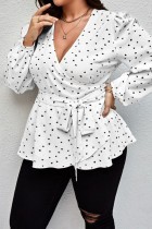 White Casual Print Bandage Patchwork V Neck Plus Size Tops