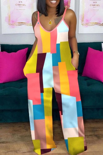 Colour Sexy Casual Print Backless Spaghetti Strap Regular Jumpsuits