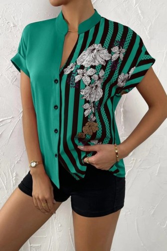 Green Casual Print Patchwork V Neck Tops